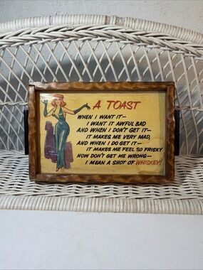 Vintage Pin Up Serving Tray A Toast Bar Decor Retro Girl Wood Frame Funny Quote